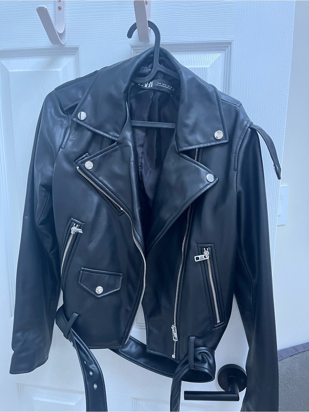 Zara Black Faux Leather Moto Jacket with Silver Hardware